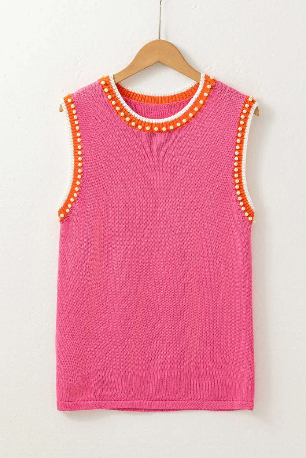 Bright Pink Pearl Embellished Contrast Trim Sleeveless Knit Top