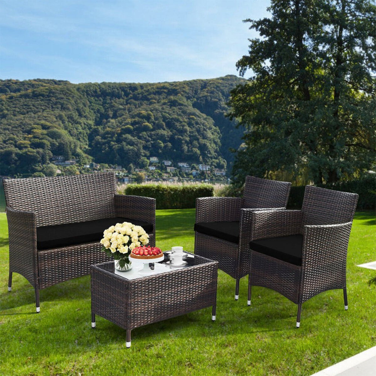 4-Piece Outdoor Rattan Patio Furniture Set With Cushions & Coffee Table (SAK75463)