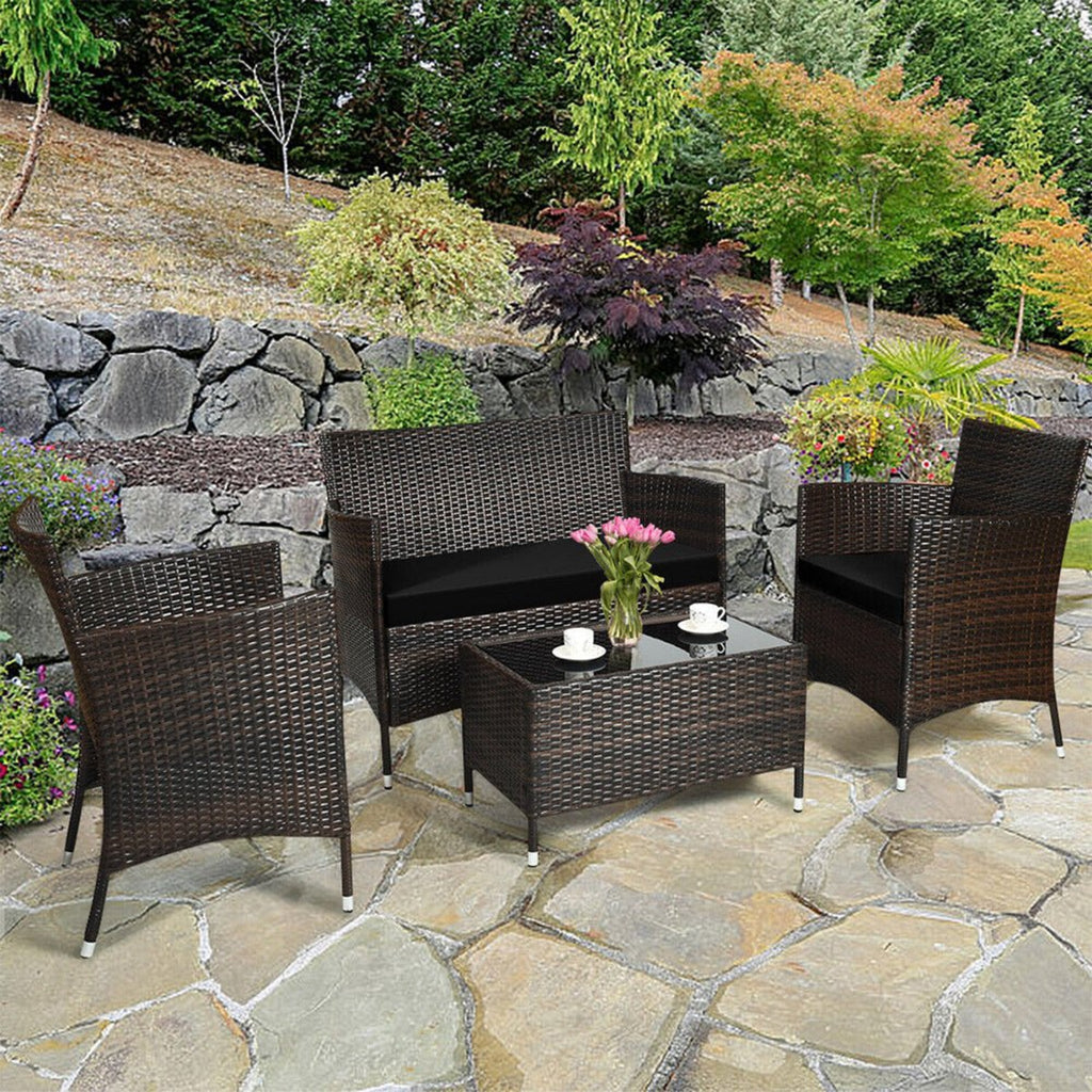 4-Piece Outdoor Rattan Patio Furniture Set With Cushions & Coffee Table (SAK75463)