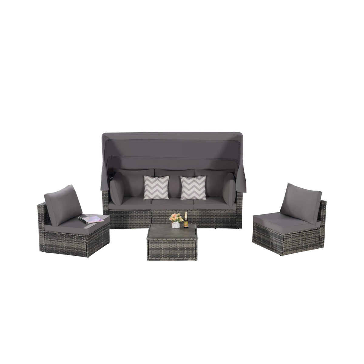5-Piece Outdoor Patio Wicker Daybed Furniture Set With Retractable Canopy (SAK37816)