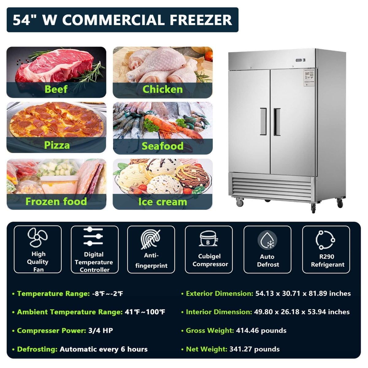 54-Inch 42.2 Cu.Ft Commercial Stainless Steel 2-Section Upright Reach-In Freezer (SAK35148)