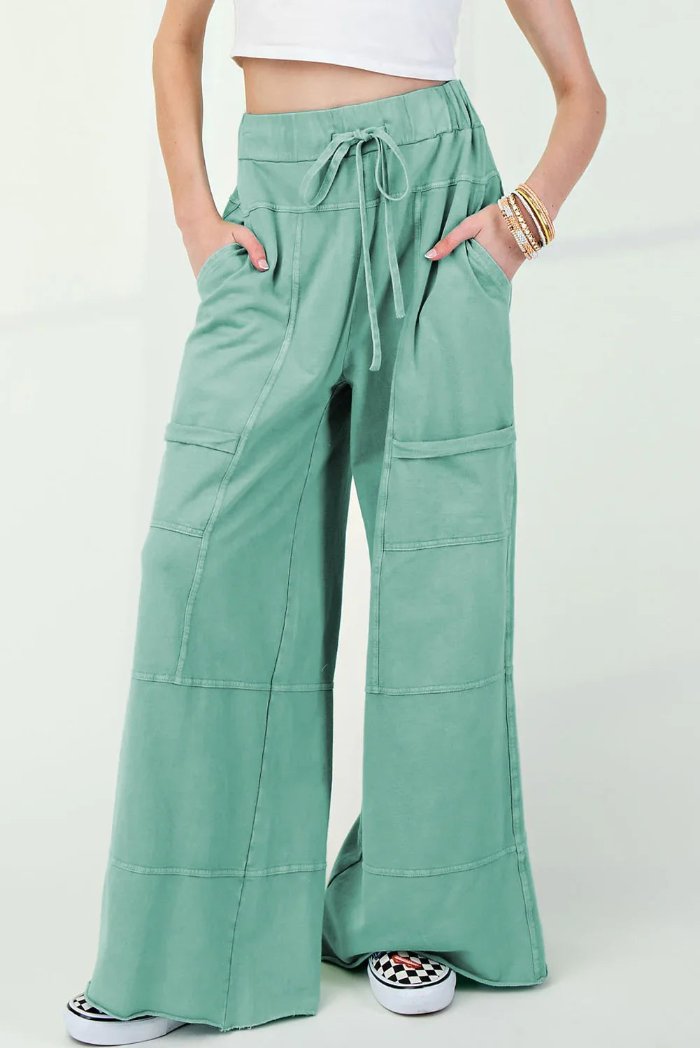 Black Mineral Wash Exposed Seam Wide Leg Cargo Pants