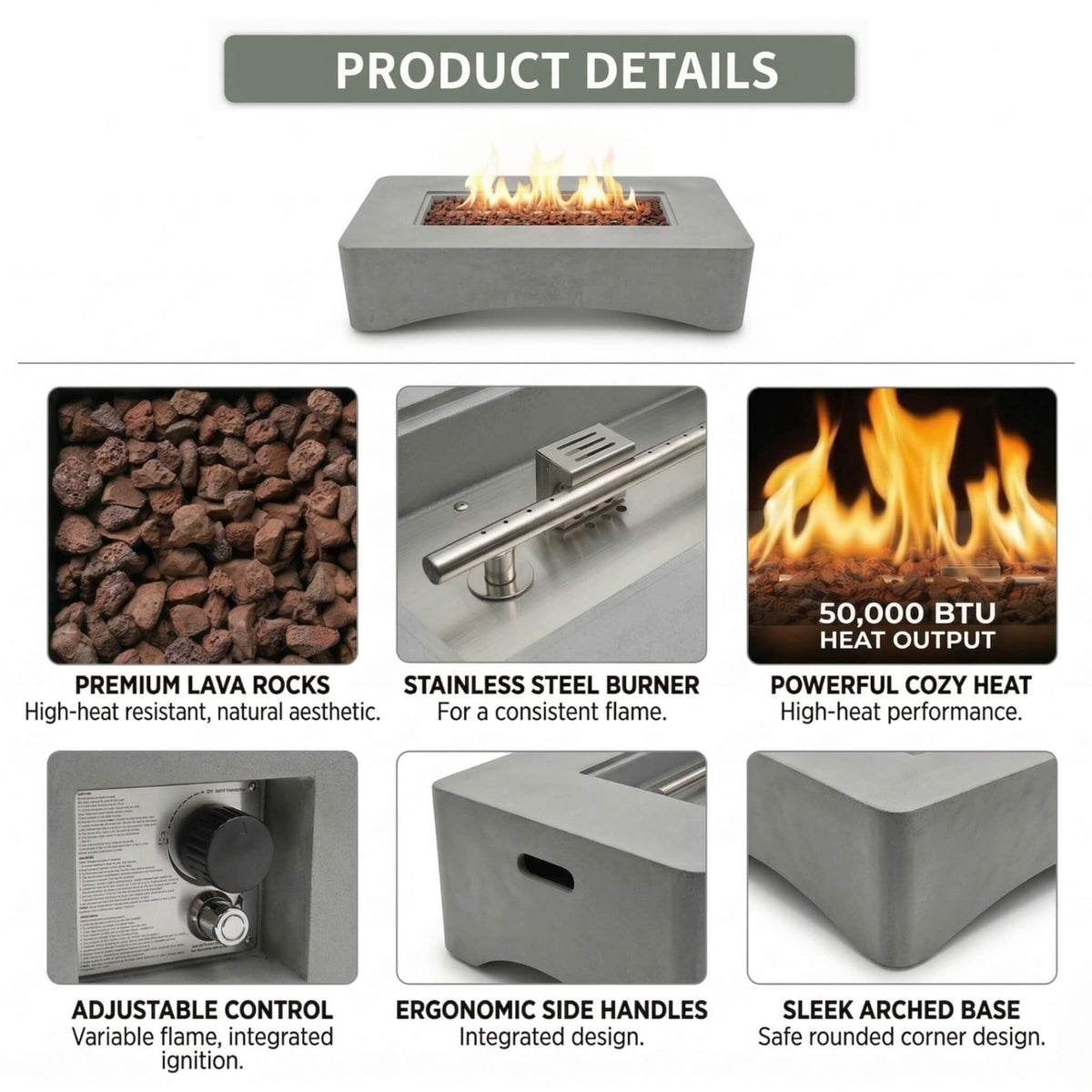 56-Inch 50K BTU Outdoor Modern Propane Fire Pit Table (SAK56830)