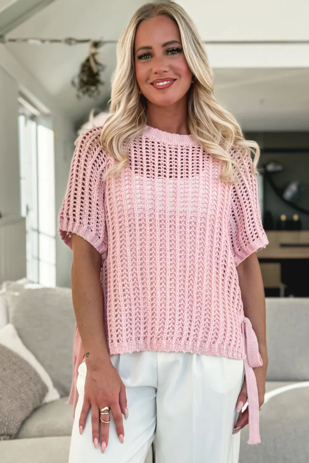 Pink Side Tie Hollow-out Crochet Knit Top