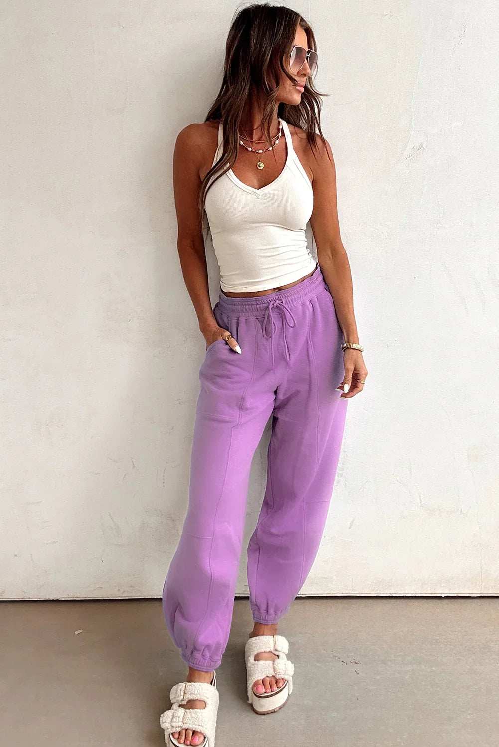 Lilac Tie Elastic Waist Solid Color Patchwork Jogger Pants
