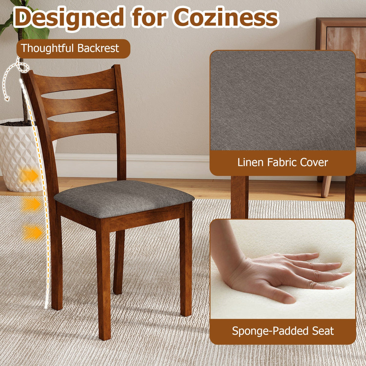 5-Piece Dining Table Set with Linen Fabric Upholstered Chairs and Solid Rubber Wood Frame for 4 People