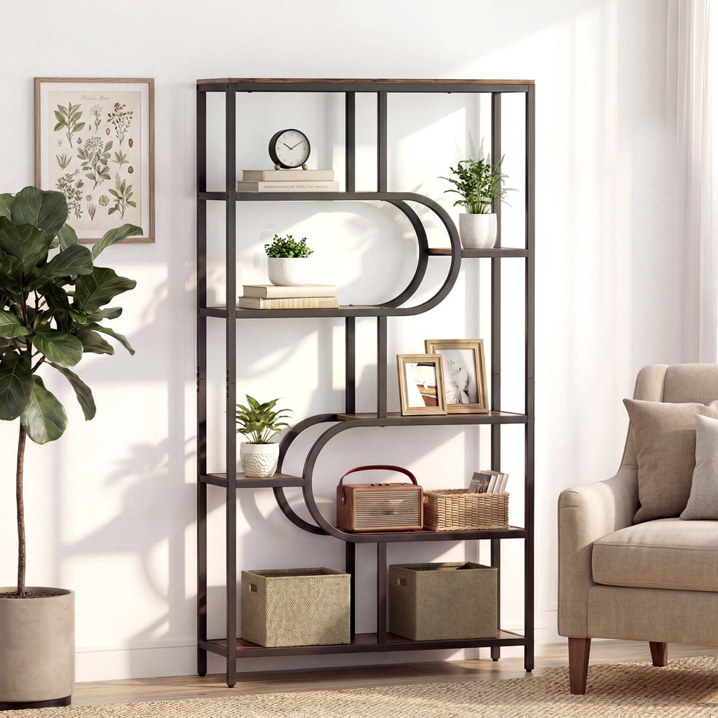 5-Tier Bookshelf Tall Etagere Bookcase with Open Storage Shelves and U Shape