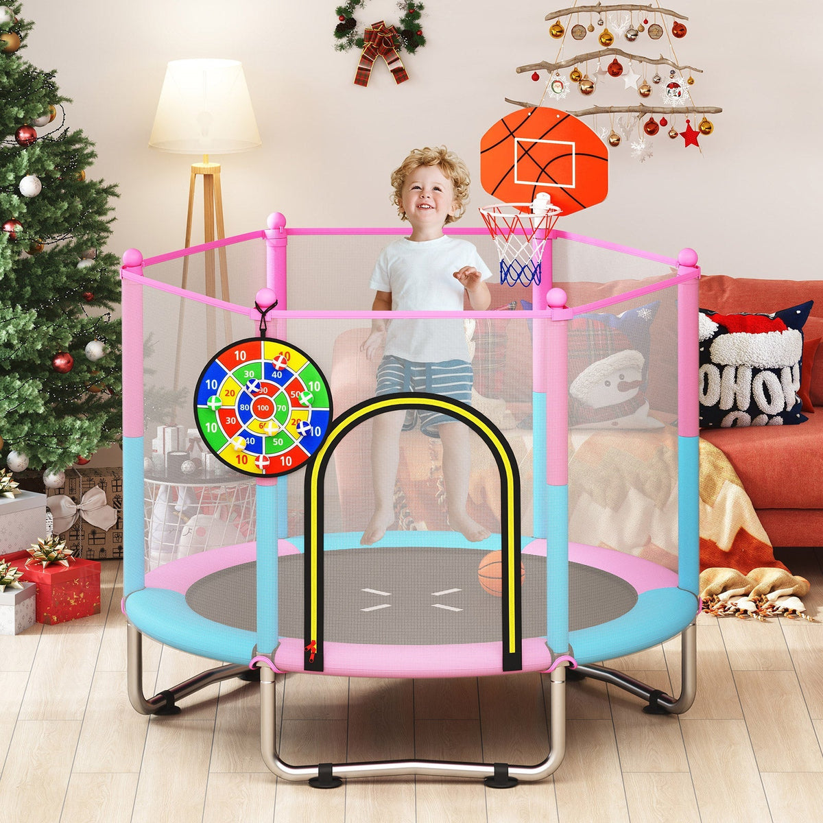 60 inch Kids Trampoline Toddler Recreational Trampoline with Basketball Hoop-Macaron