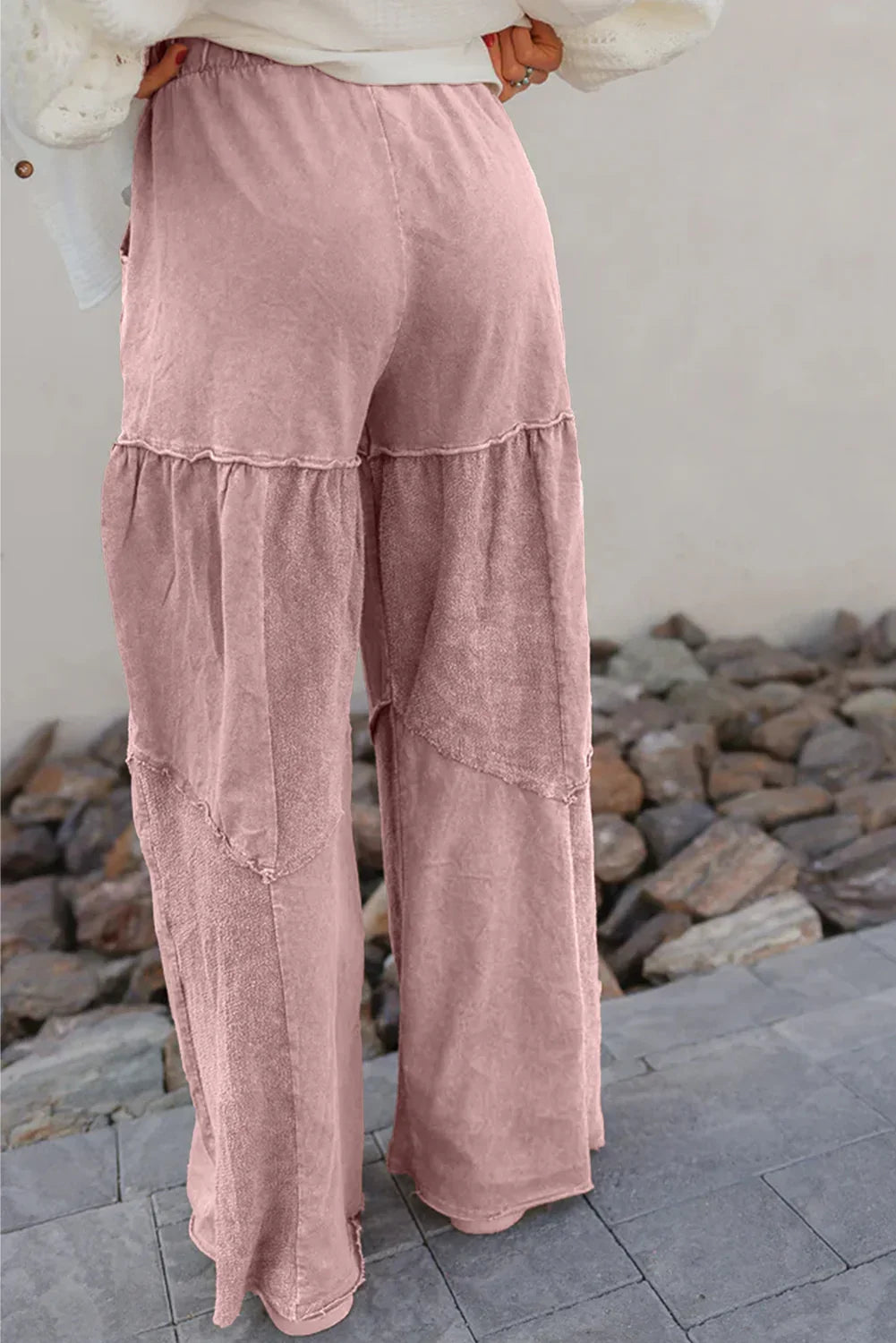 Mineral Wash Tiered Wide Leg Patchwork Drawstring Pants