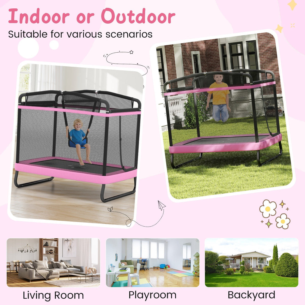 6 FT Kids Trampoline with Swing and Horizontal Bar Small Rectangle Trampoline