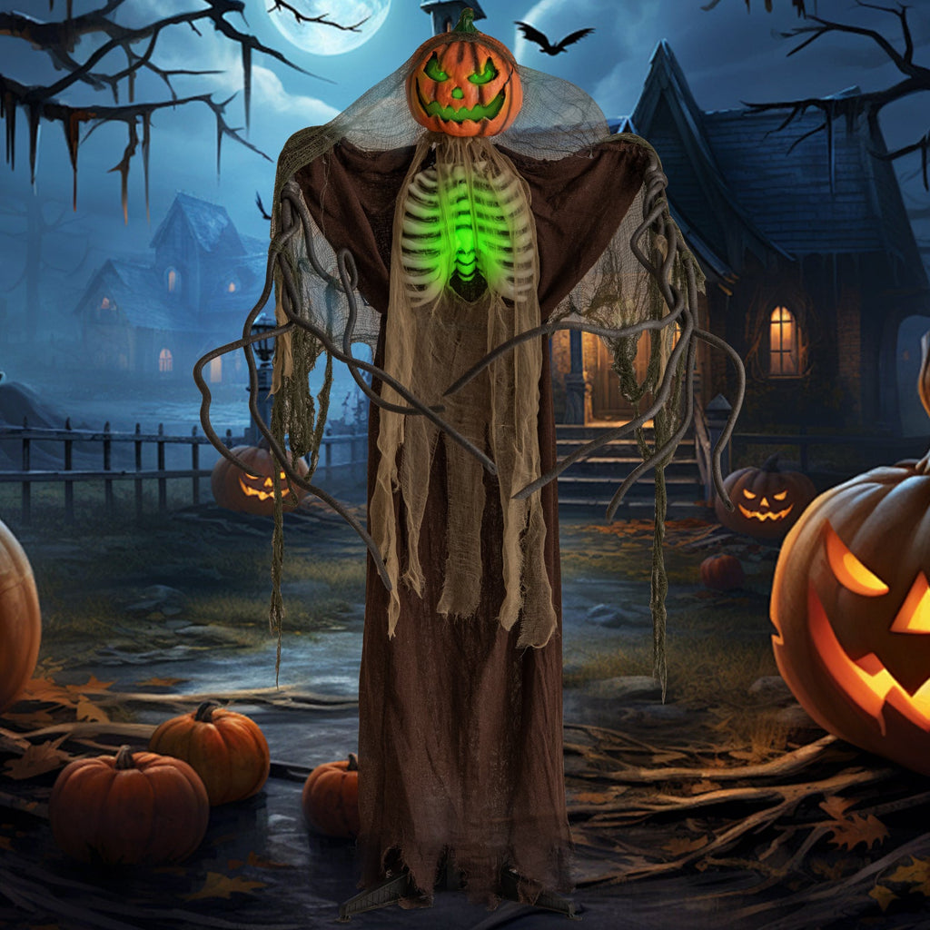 6 Feet Halloween Animatronics Light Up Talking Ghost Pumpkin with Glowing Ribs and Moving Head