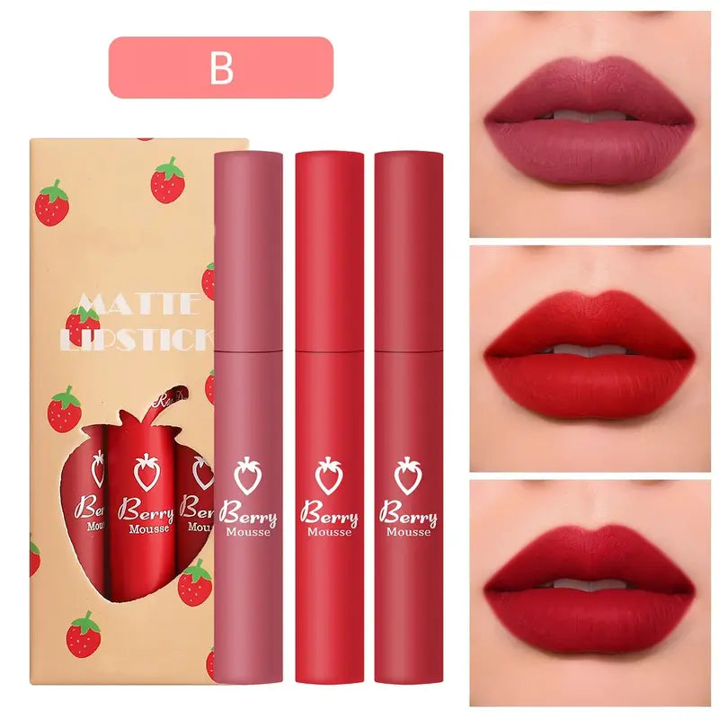 3 Colors Strawberry Matte Lipstick - Long Lasting Velvet Finish