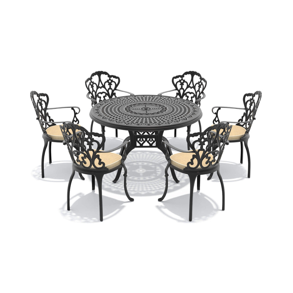 7-Piece Cast Aluminum Patio Furniture Set With Black Frame And Off-White Cushions (SAK12948)