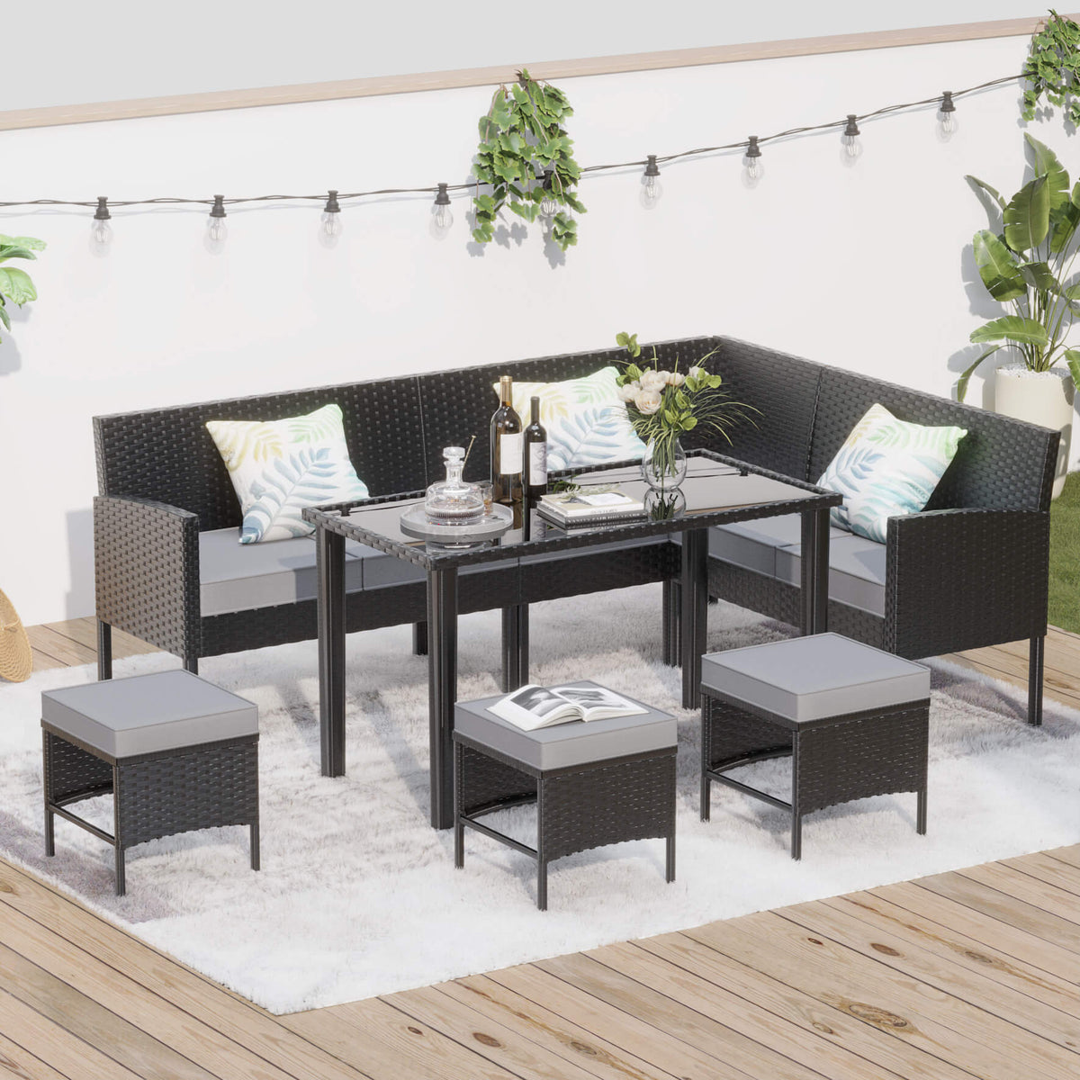 7-Piece Modern Outdoor Patio Furniture Set With Waterproof Cushions & Glass Table (SAK55673)
