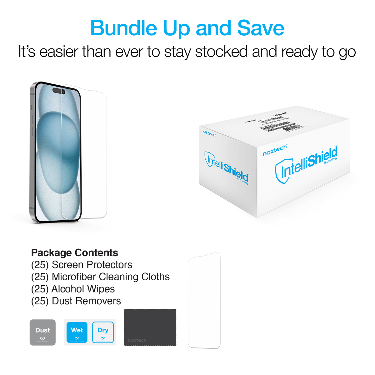 Naztech IntelliShield HD Tempered Glass 25pc Bundle Kit for iPhone 15 Plus