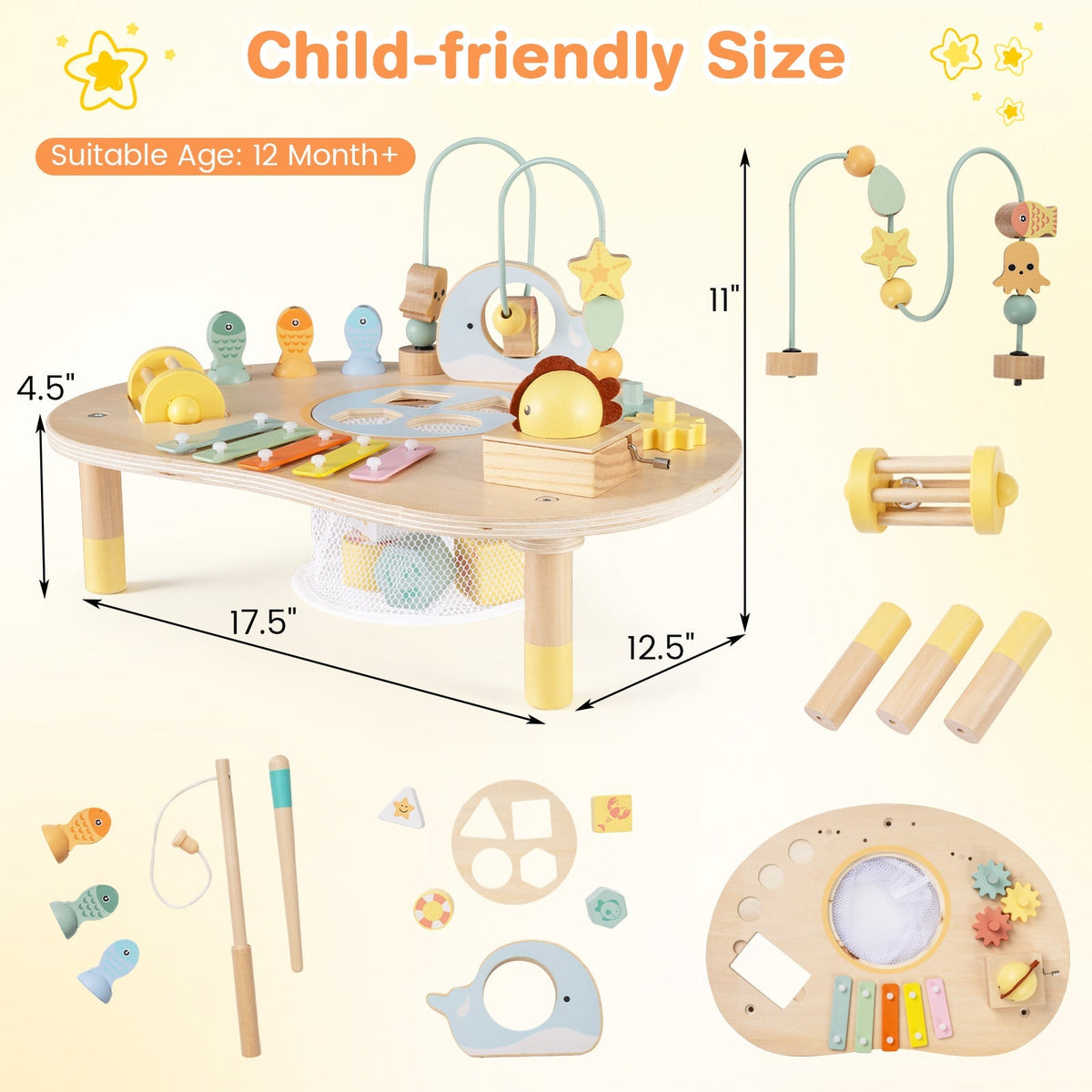 7-in-1 Toddler Activity Table Montessori Sensory Toy for 12 Month+ Wooden Musical Play Table
