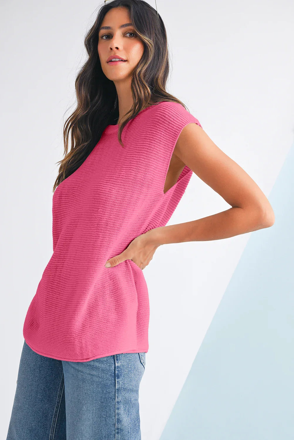 Sachet Pink Solid Color Side Slits Knit Tee