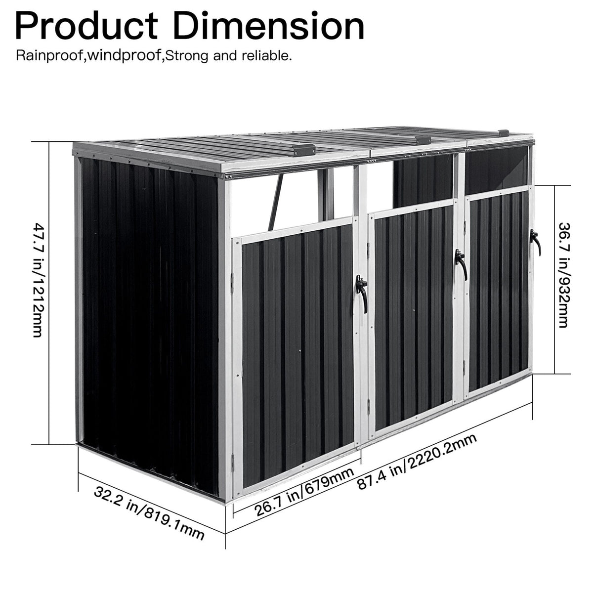 87-Inch Extra Large Heavy-Duty Outdoor Metal Garbage Bin Shed For 3 Trash Cans (SAK34981)
