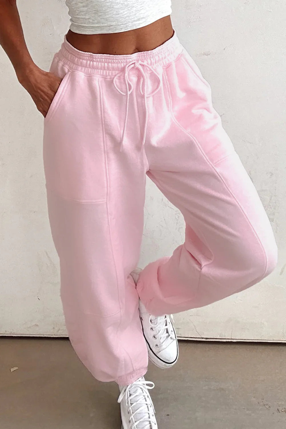 Lilac Tie Elastic Waist Solid Color Patchwork Jogger Pants
