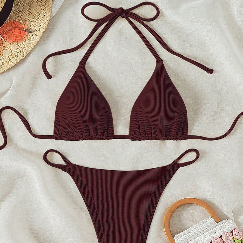 Solid color neck hanging bikini