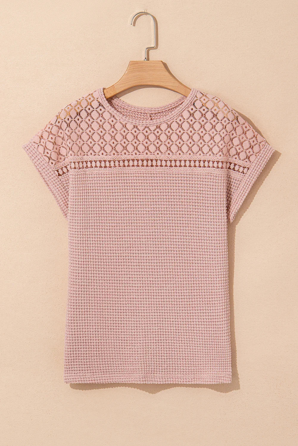 Mist Green Hollow Patchwork Waffle Knit Top
