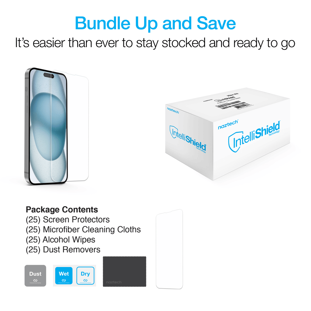 Naztech IntelliShield HD Tempered Glass 25pc Bundle Kit for iPhone 15