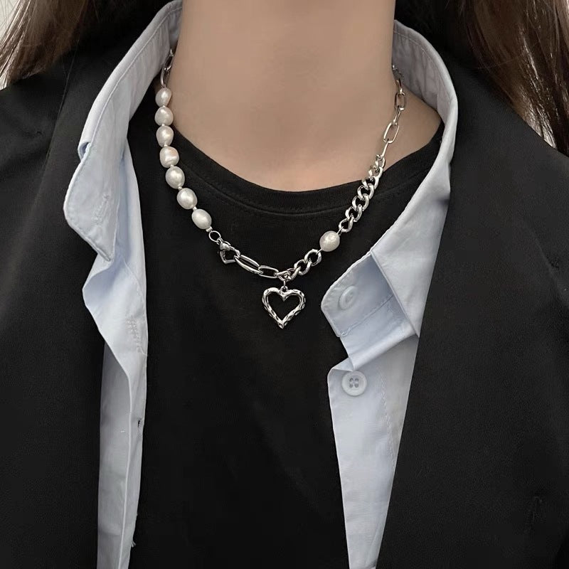 Natural Pearl Love Stitching Necklace Women's Light Luxury Niche Temperament High-End Collarbone Chain Summer All-Match Neck Necklace