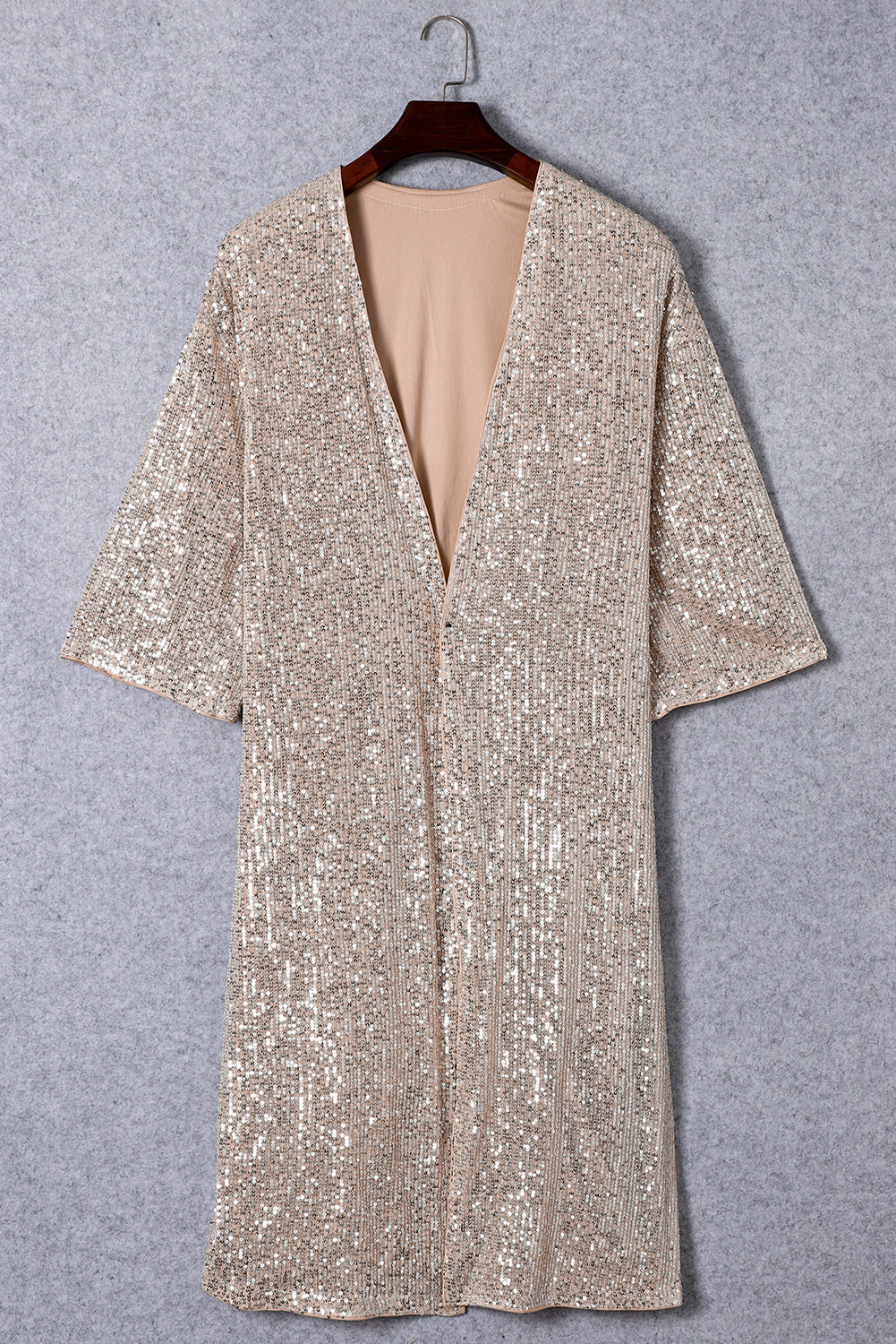 Apricot Sequin 3/4 Sleeve Open Front Duster Cardigan - Femstylo