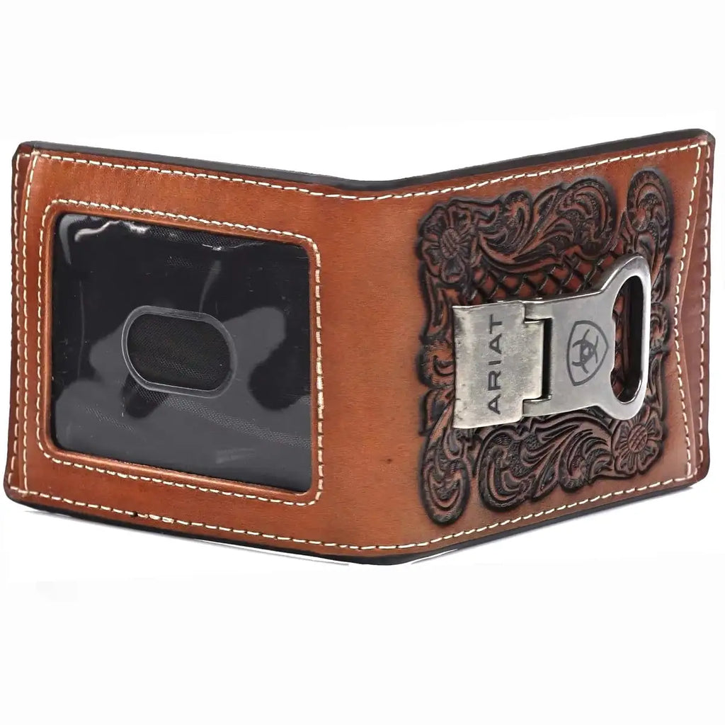 Ariat Embossesd Floral Basketweave - Men's Bi-Fold Money Clip Wallet