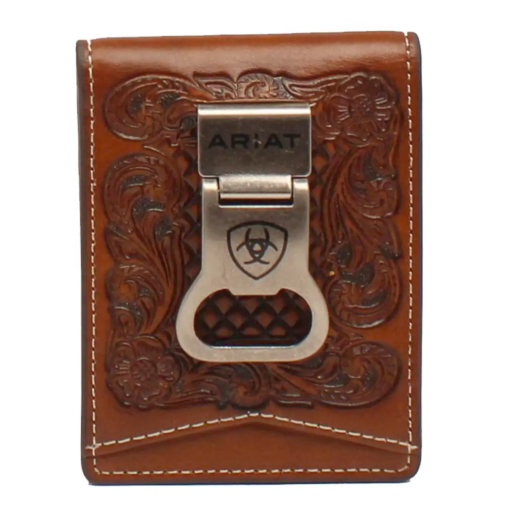 Ariat Embossesd Floral Basketweave - Men's Bi-Fold Money Clip Wallet