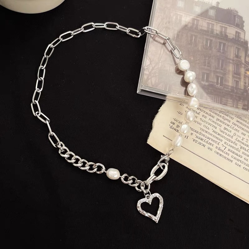 Natural Pearl Love Stitching Necklace Women's Light Luxury Niche Temperament High-End Collarbone Chain Summer All-Match Neck Necklace