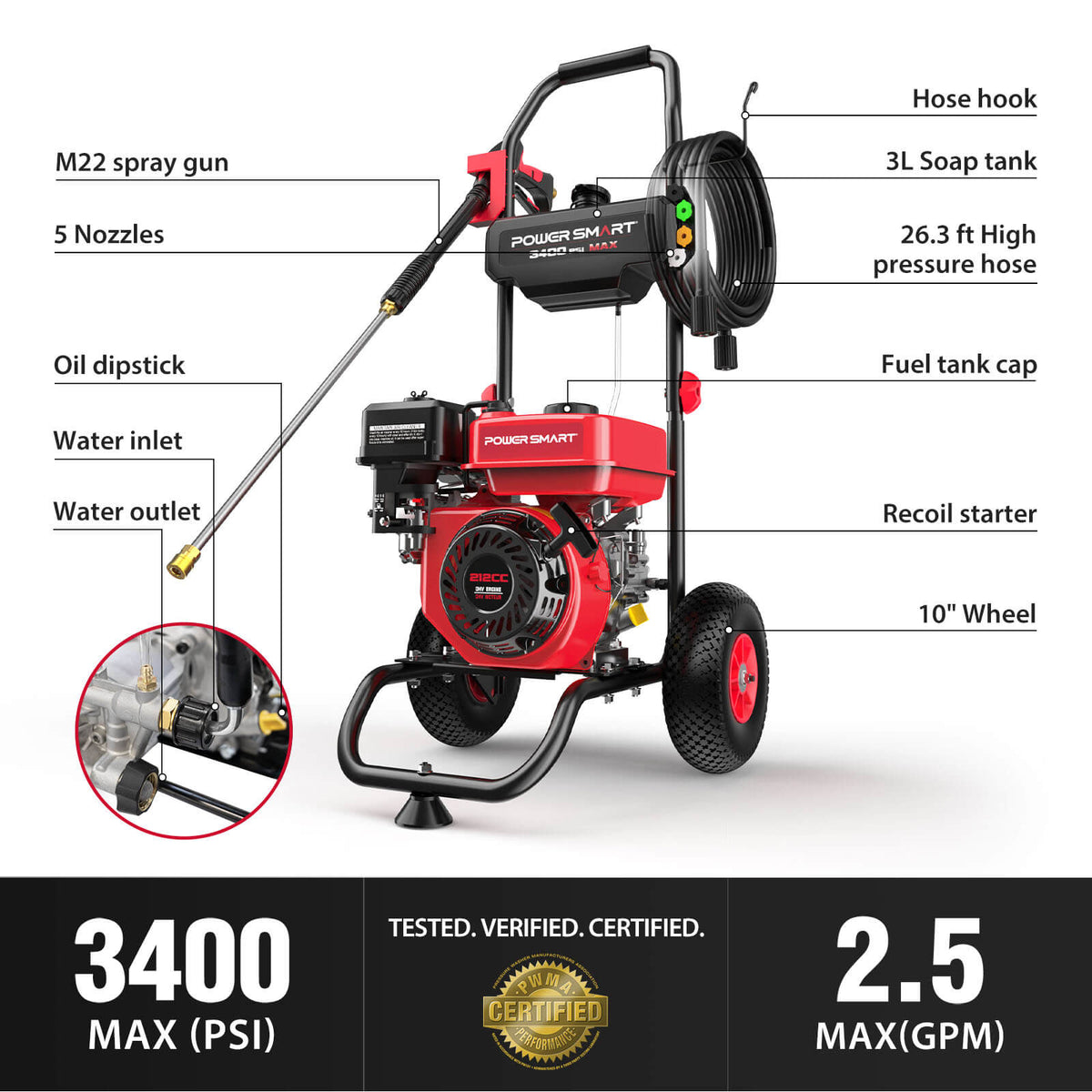 3400PSI 2.5GPM 212cc Gas Pressure Washer DL1034A