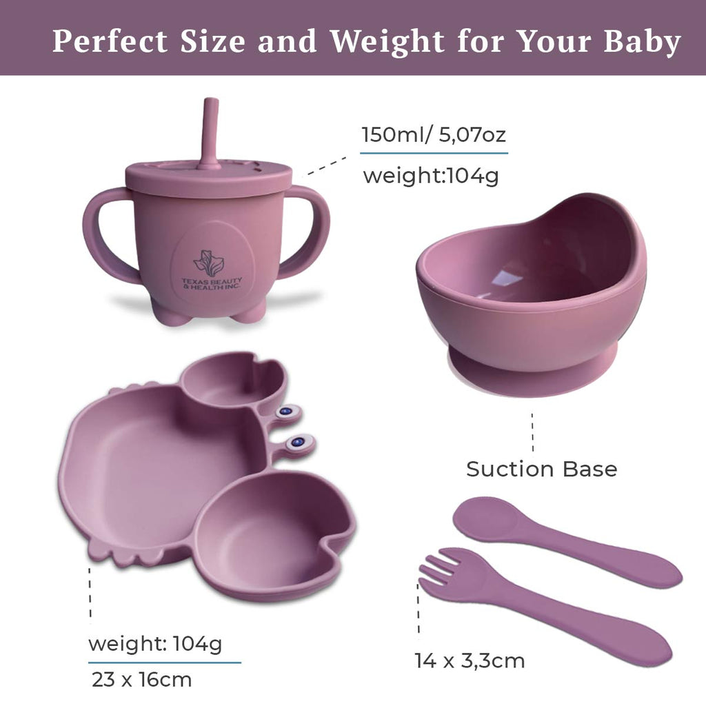 Texas Beauty & Health Gentle Heartfelt Petal | Earth Pink Silicone Baby Feeding Set for Boys | Suction Bowl, Divided Plate, Bib, Cup, Spoon, and Fork