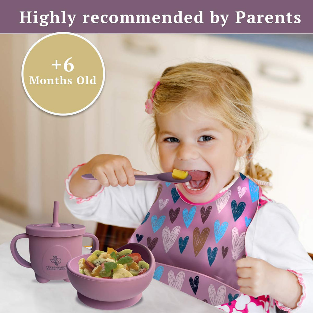 Texas Beauty & Health Gentle Heartfelt Petal | Earth Pink Silicone Baby Feeding Set for Boys | Suction Bowl, Divided Plate, Bib, Cup, Spoon, and Fork