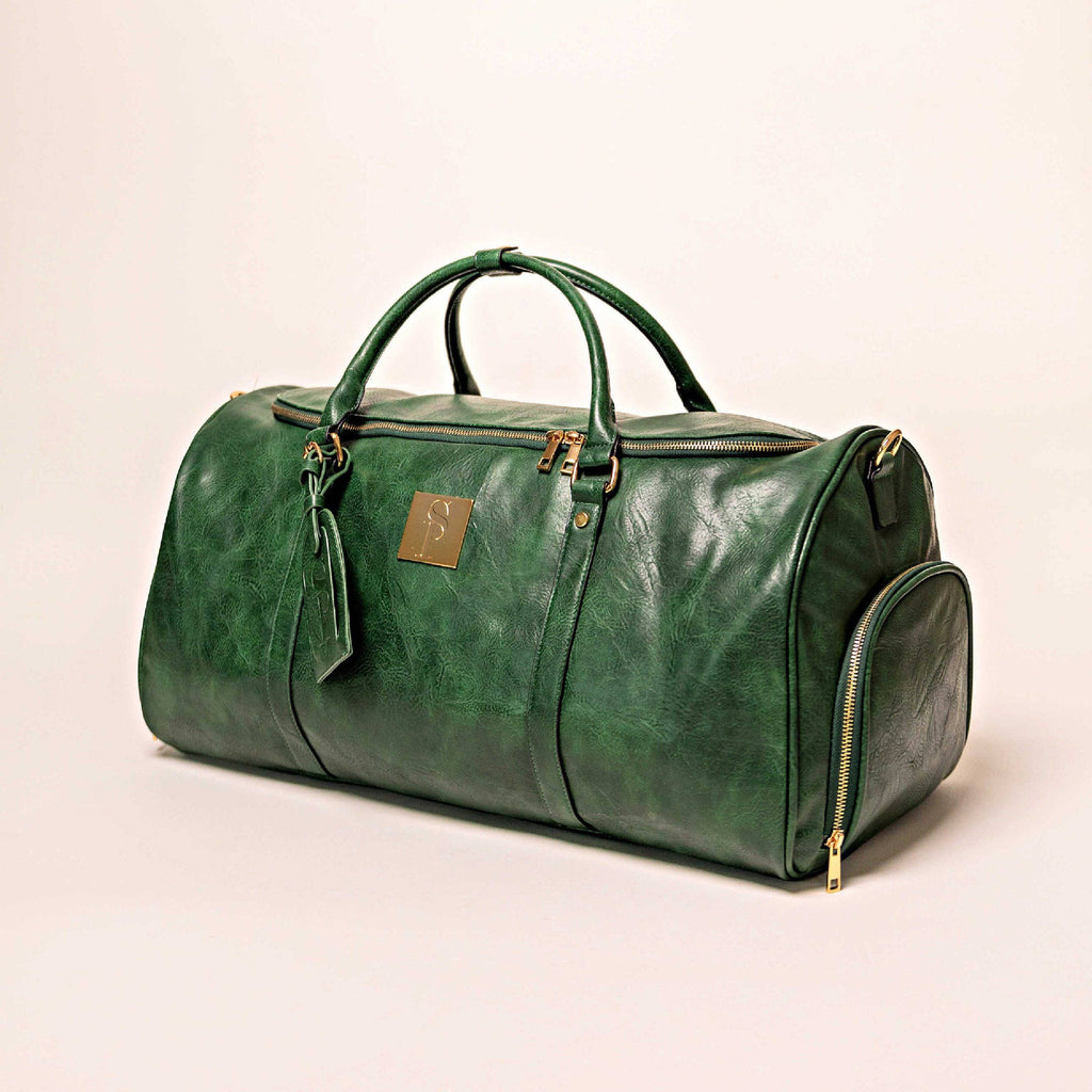 Emerald Green Leather Weekender Duffle Bag