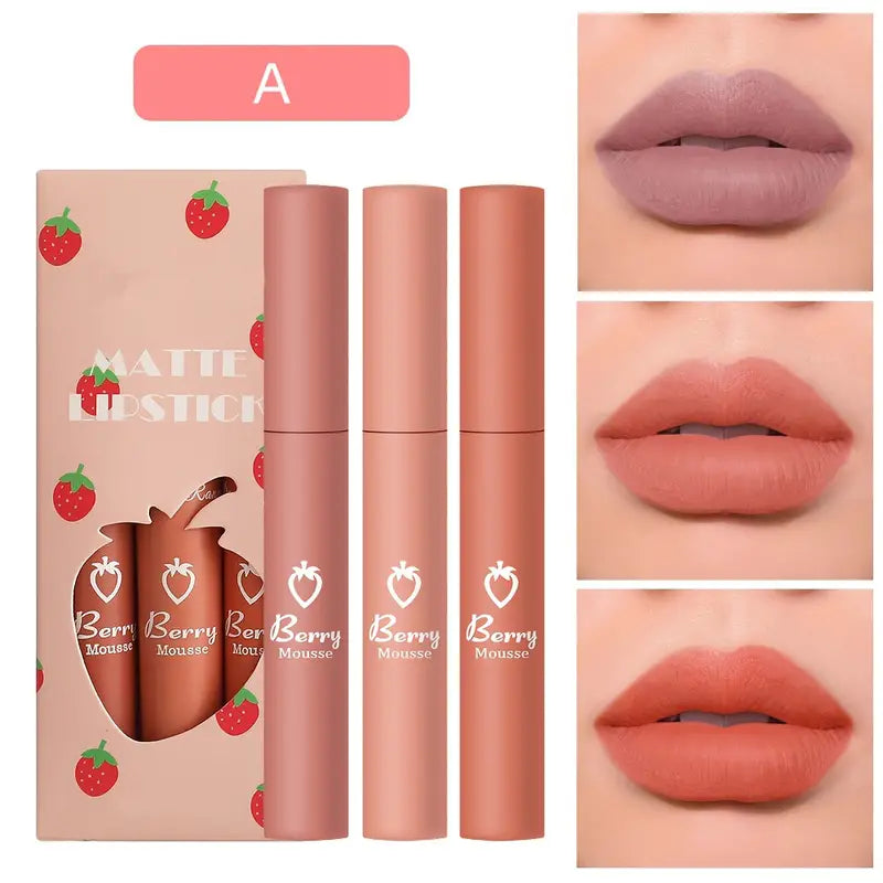 3 Colors Strawberry Matte Lipstick - Long Lasting Velvet Finish