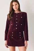 BORDEAUX VELVET BURGUNDY JEWEL-BUTTON CROPPED JACKET