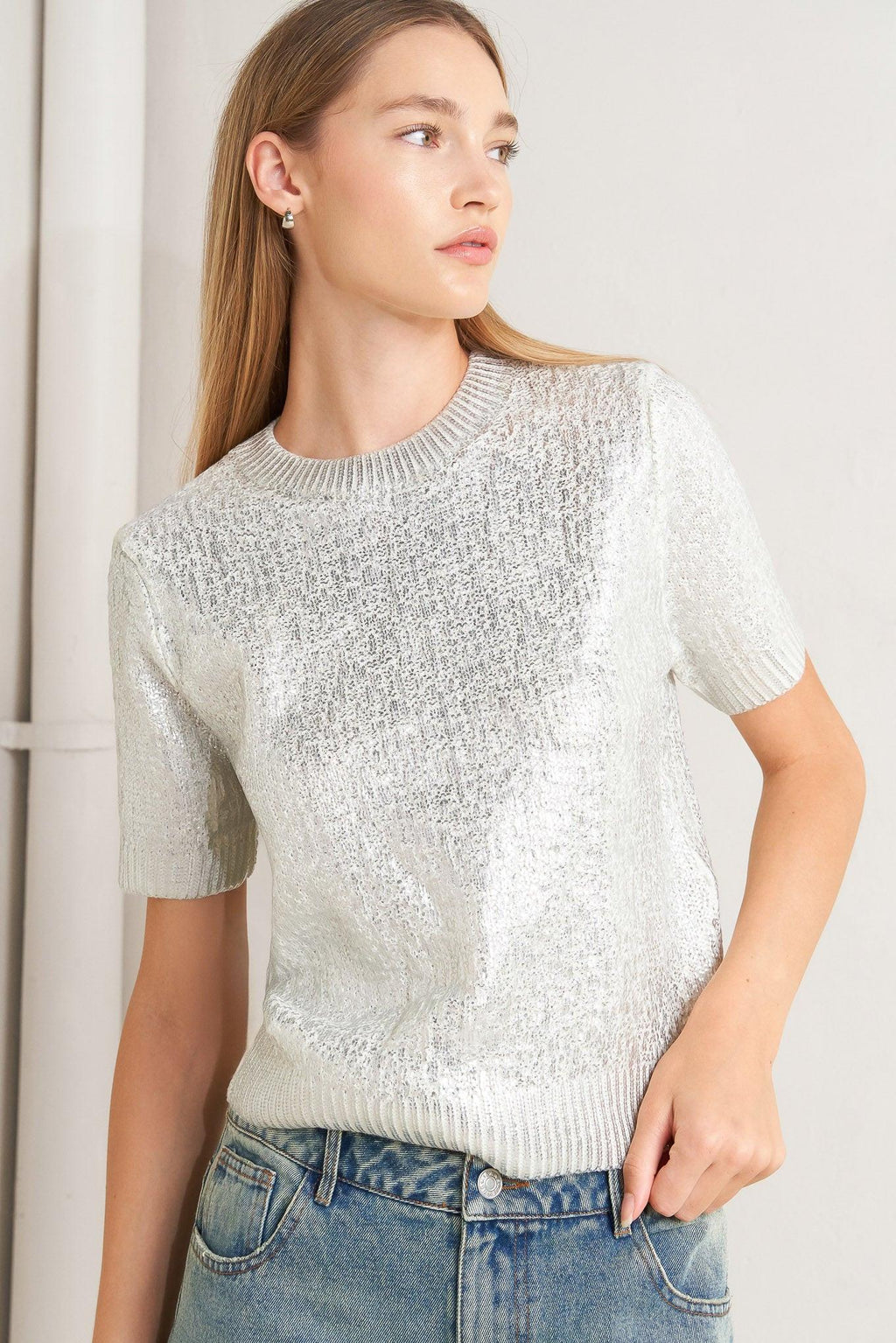 MOONLIT SHIMMER SILVER FOIL SHORT-SLEEVE SWEATER TOP
