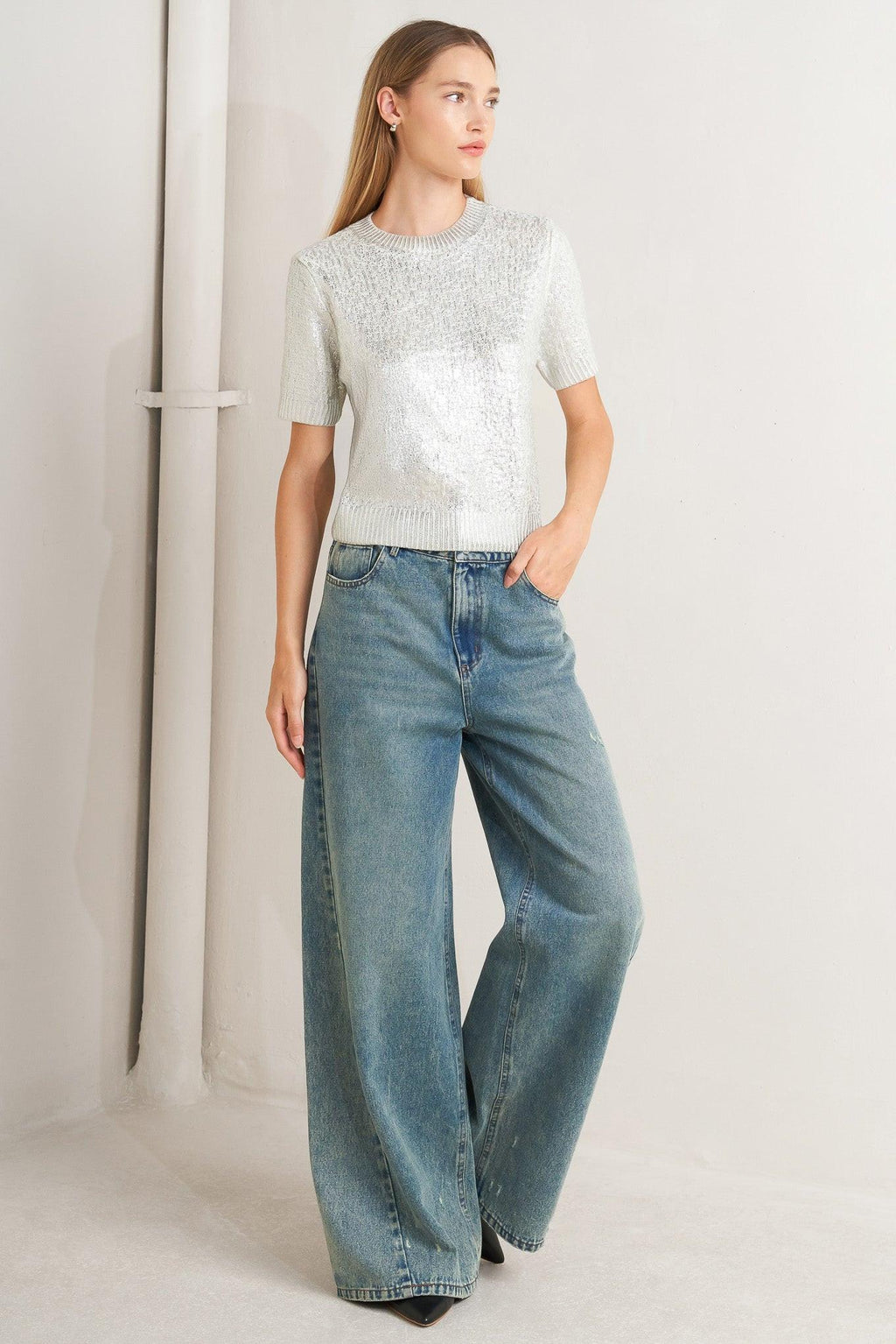 MOONLIT SHIMMER SILVER FOIL SHORT-SLEEVE SWEATER TOP
