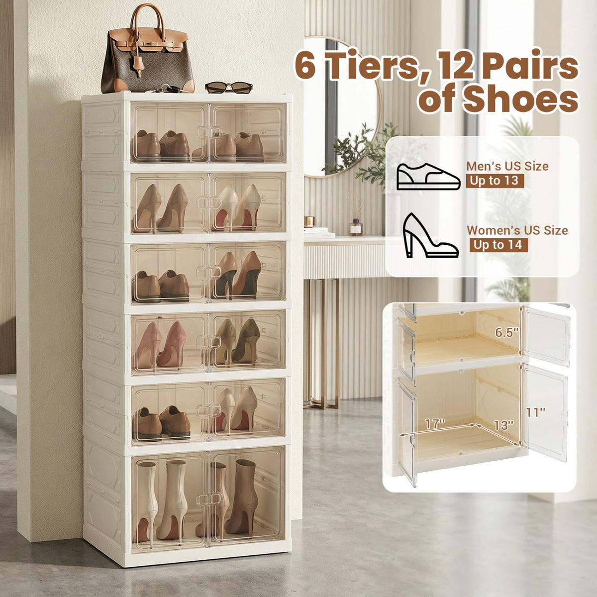 Foldable Shoe Rack Organizer 12-Pair 6-Tier Collapsible Shoe Cabinet