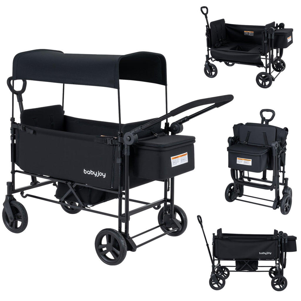Foldable Wagon Stroller for 2 Kids with Removable Canopy and Adjustable Push Handle