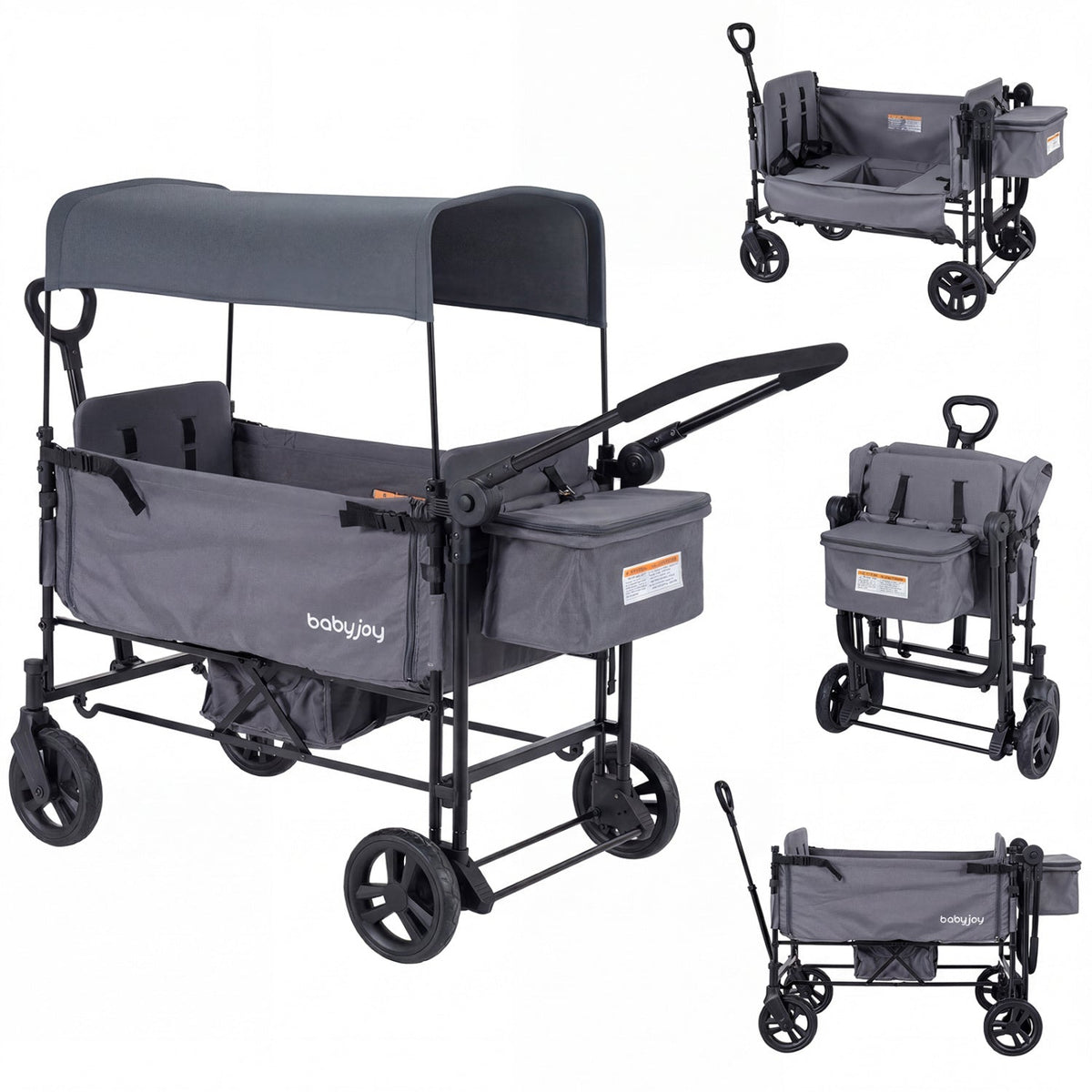 Foldable Wagon Stroller for 2 Kids with Removable Canopy and Adjustable Push Handle