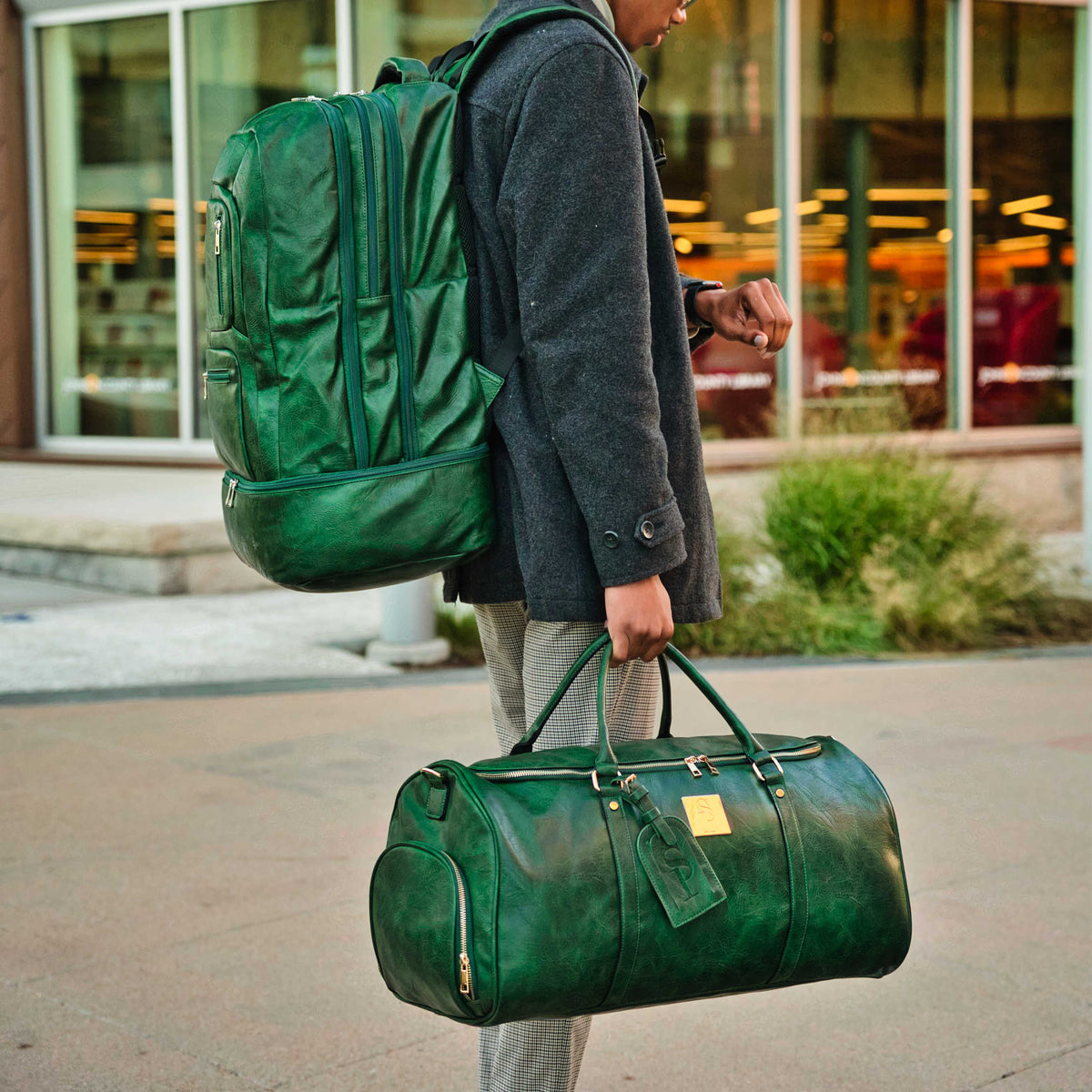 Emerald Green Leather Weekender Duffle Bag