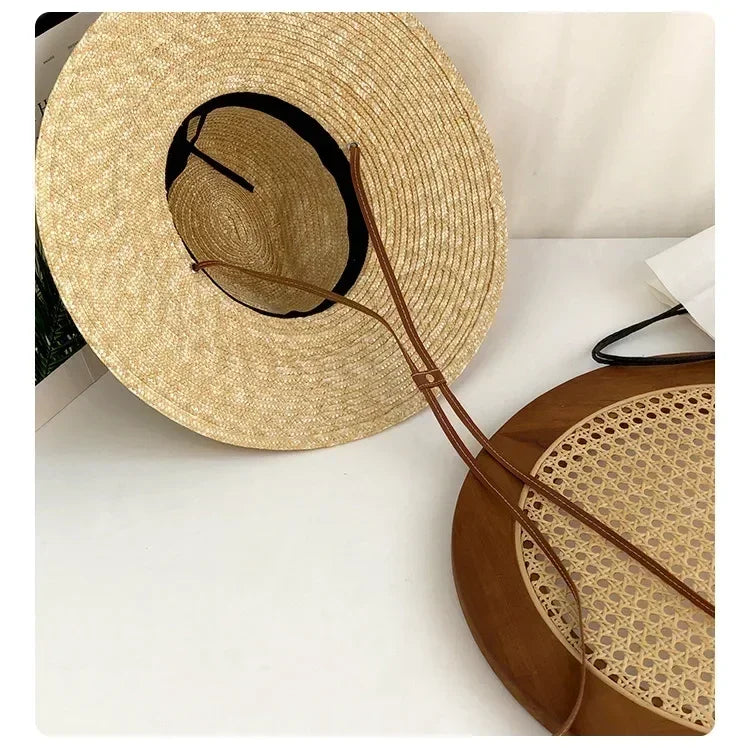 New 2024 Belt Strap Straw Sun Hat For Women Fashion Vacation Beach UV Hats Summer Wide Brim Travel Panama Hats Outdoor Wholesale