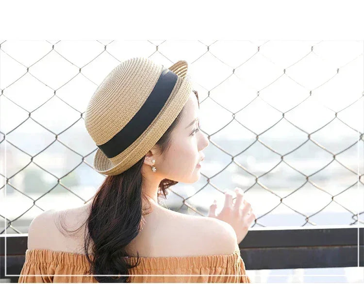 Hats For Women Summer Sun Protection Straw Hat Female Round Top Curled Brim Parent Child Student Sunshade Travel