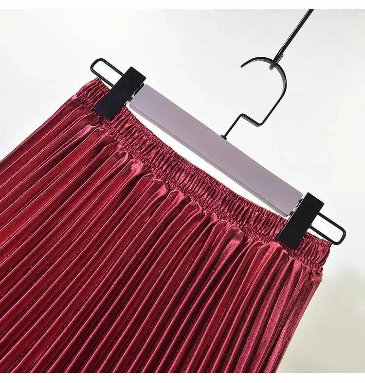 Classic Golden Velvet Pleated Skirt High Waist Retro Style Fashion Office Lady Pleated Long Skirt Winter Velvet Skirt 90cm Long
