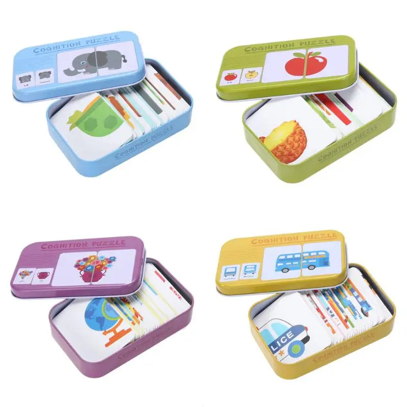 Baby Cognition Puzzle Toys, Toddler Kids Iron Box Cards, Matching Game, Cognitive Card, Car, Fruit, Animal & Life Puzzle