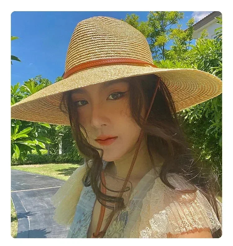 New 2024 Belt Strap Straw Sun Hat For Women Fashion Vacation Beach UV Hats Summer Wide Brim Travel Panama Hats Outdoor Wholesale