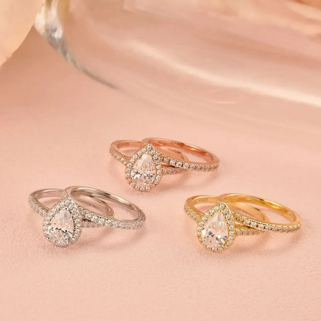 Newshe 2 Pieces Tear Drop Shape Engagement Ring Wedding Band for Women 925 Silver Bridal Jewelry High Grade Cubic Zircons