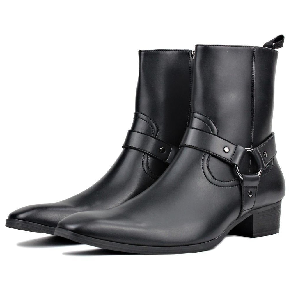 OSSTONE Men Chelsea Ankle Boots Leather Heeled Boots With Side Zipper Cuban Heel Dress Boots Disco Shoes OS-JY015-CQ